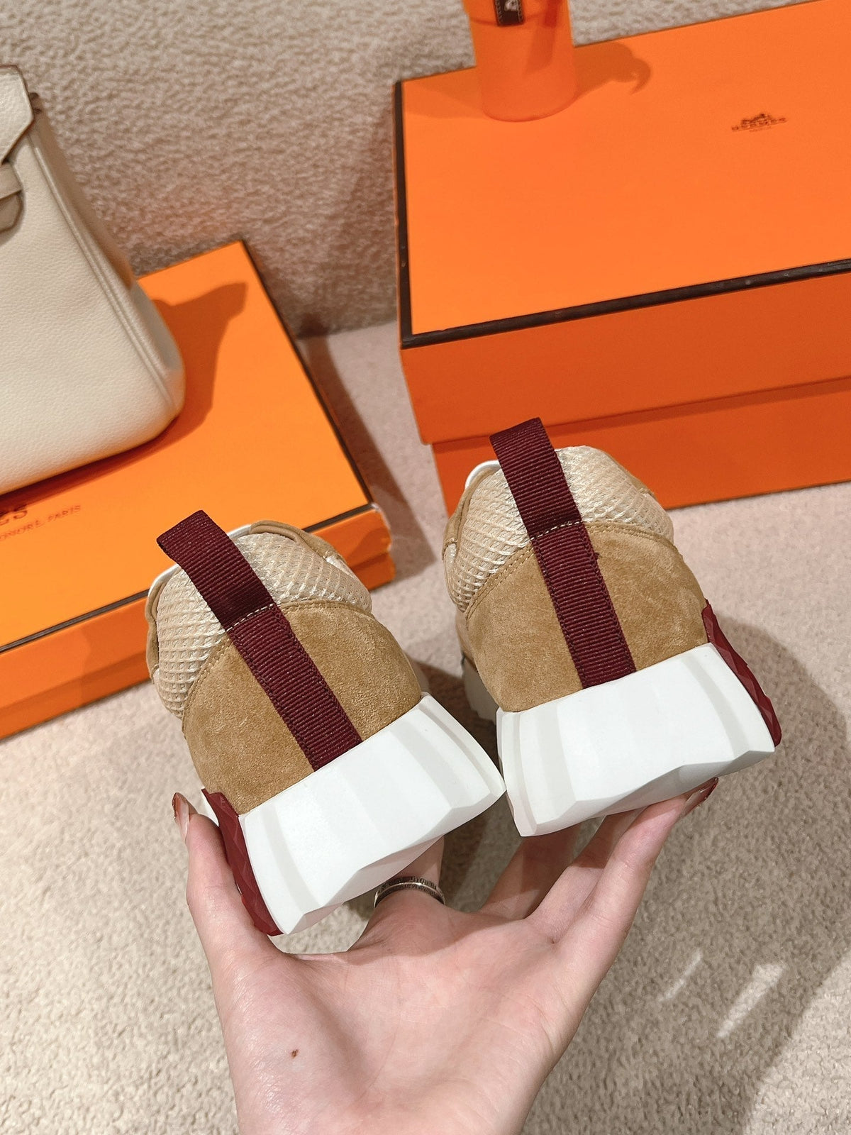 Hermes Mainland Sneaker in Peanut Brown Suede and White Breathable Mesh Fabric