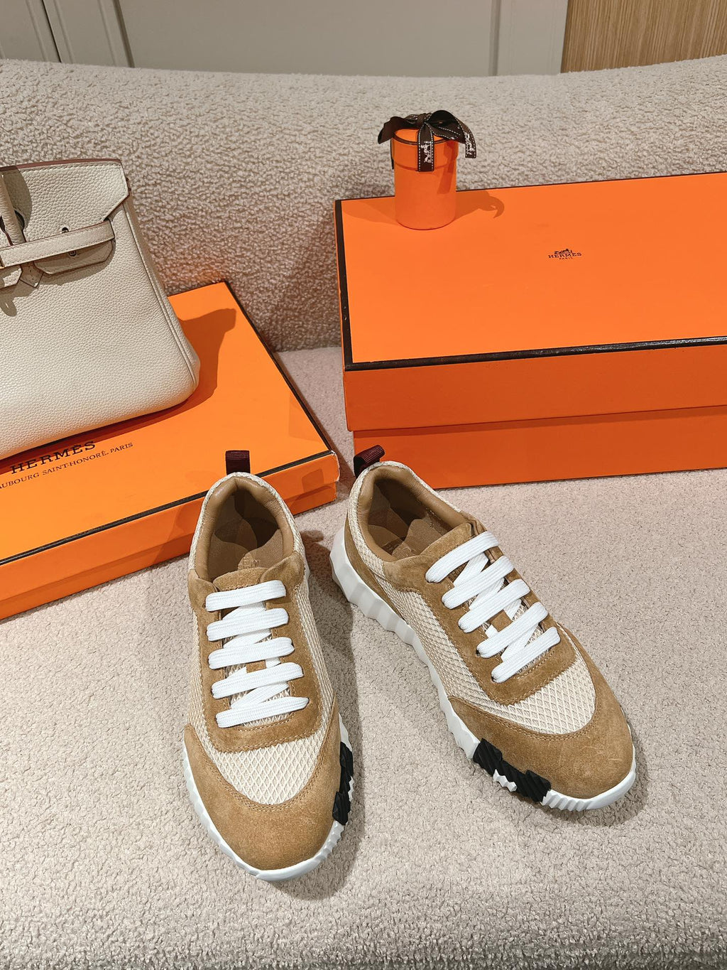 Hermes Mainland Sneaker in Peanut Brown Suede and White Breathable Mesh Fabric