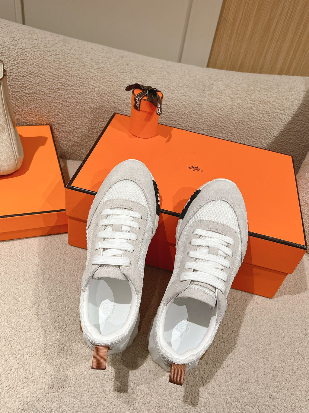 Hermes Mainland Sneaker in Pale Gray Suede and White Breathable Mesh Fabric