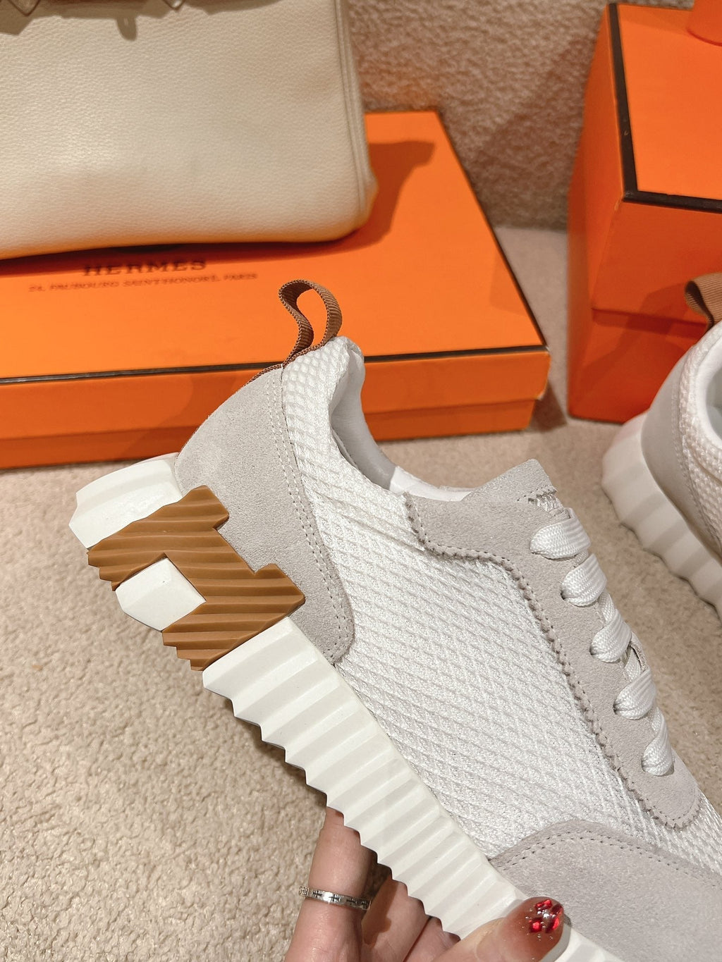 Hermes Mainland Sneaker in Pale Gray Suede and White Breathable Mesh Fabric