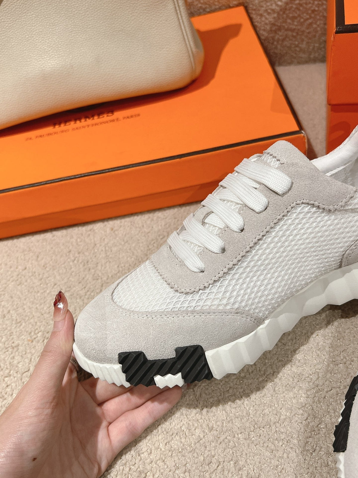 Hermes Mainland Sneaker in Pale Gray Suede and White Breathable Mesh Fabric