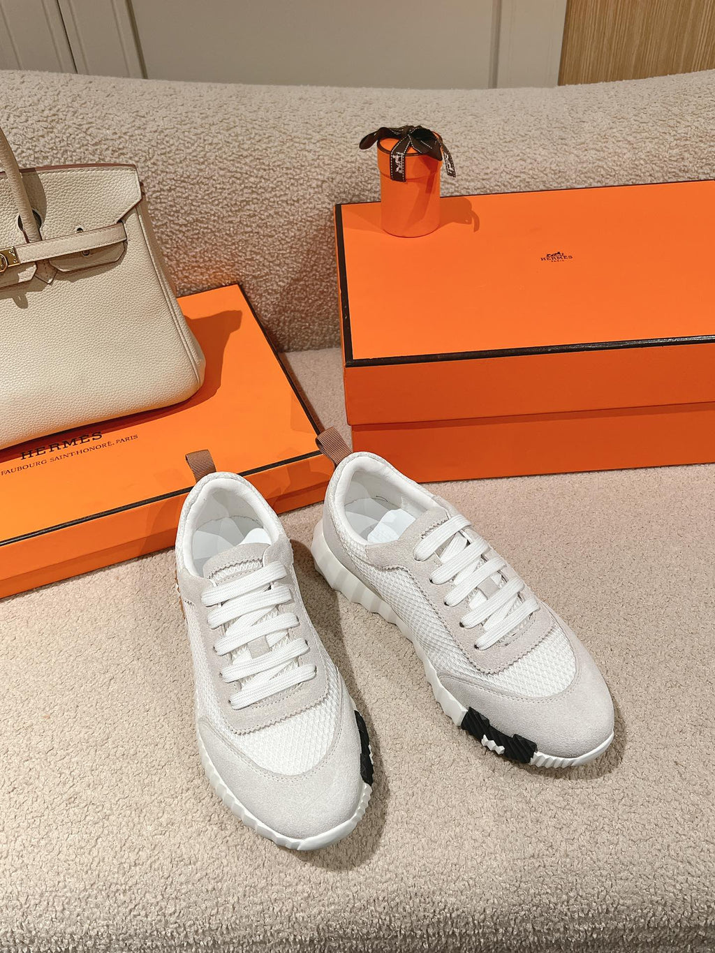 Hermes Mainland Sneaker in Pale Gray Suede and White Breathable Mesh Fabric