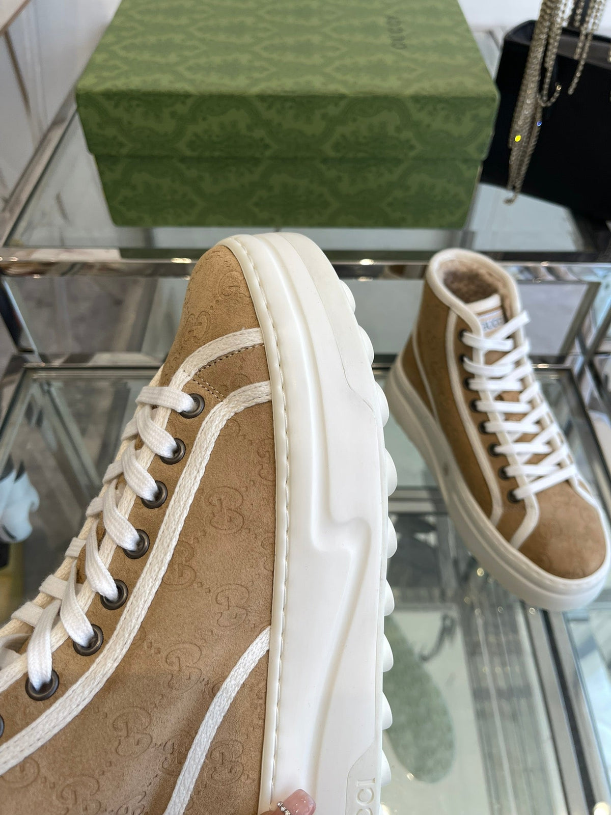 Gucci High Top Sneaker in Camel Brown Canvas with Beige Fleece Lining