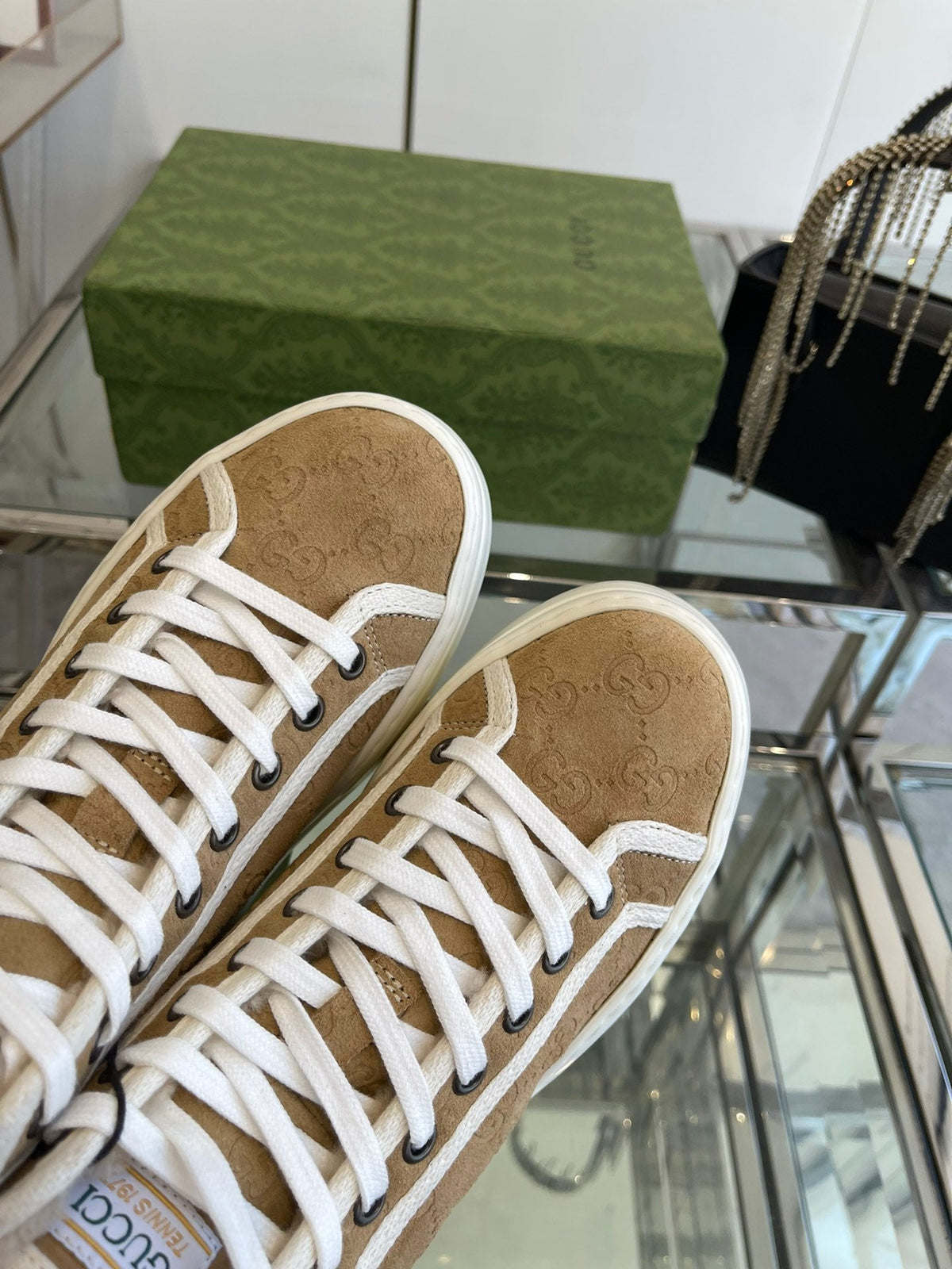 Gucci High Top Sneaker in Camel Brown Canvas with Beige Fleece Lining