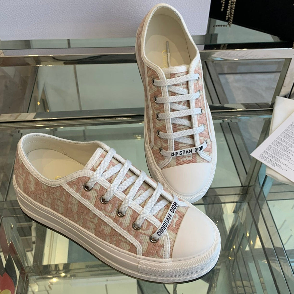 Dior Walk'N Platform Sneaker in in Light Pink Embroidery Iconic Patterns Fabric