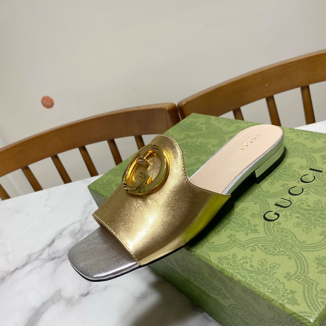 Gucci 26S Blondie Slippers in Gold and Silver Calfskin