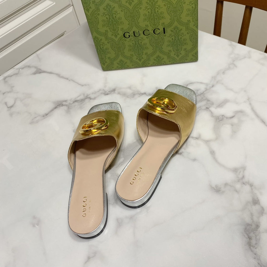 Gucci 26S Blondie Slippers in Gold and Silver Calfskin