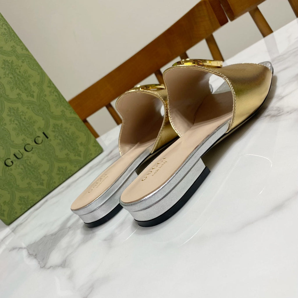 Gucci 26S Blondie Slippers in Gold and Silver Calfskin