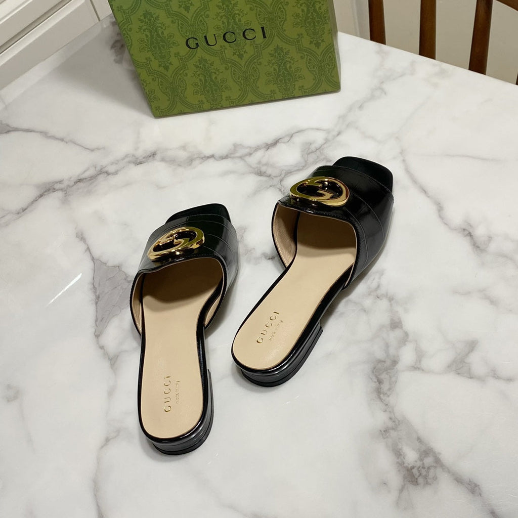 Gucci 26S Blondie Slippers in Black Glossy Calfskin