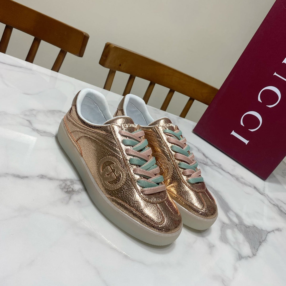 Gucci 26S Sneaker in Rose Gold Metallic Calfskin