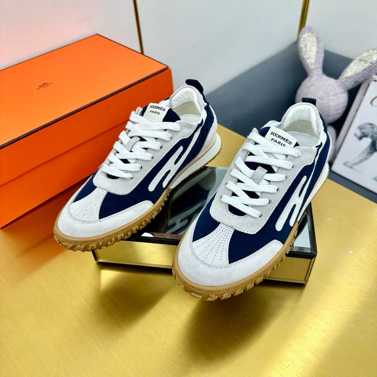 Hermes Jet Sneaker in Pale Gray Suede and Navy Blue Nappa Leather