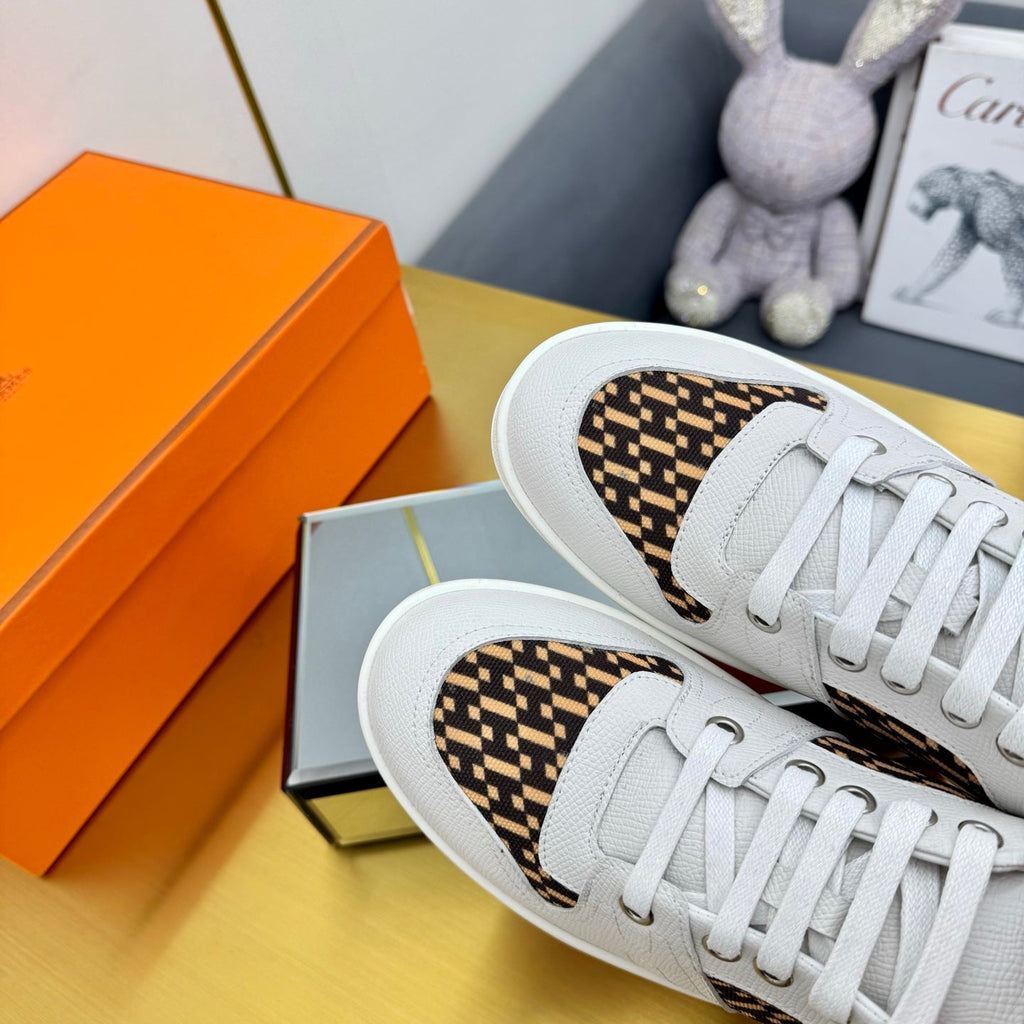 Hermes Free Sneaker in White Calfskin and "H En Biais" Brown Canvas