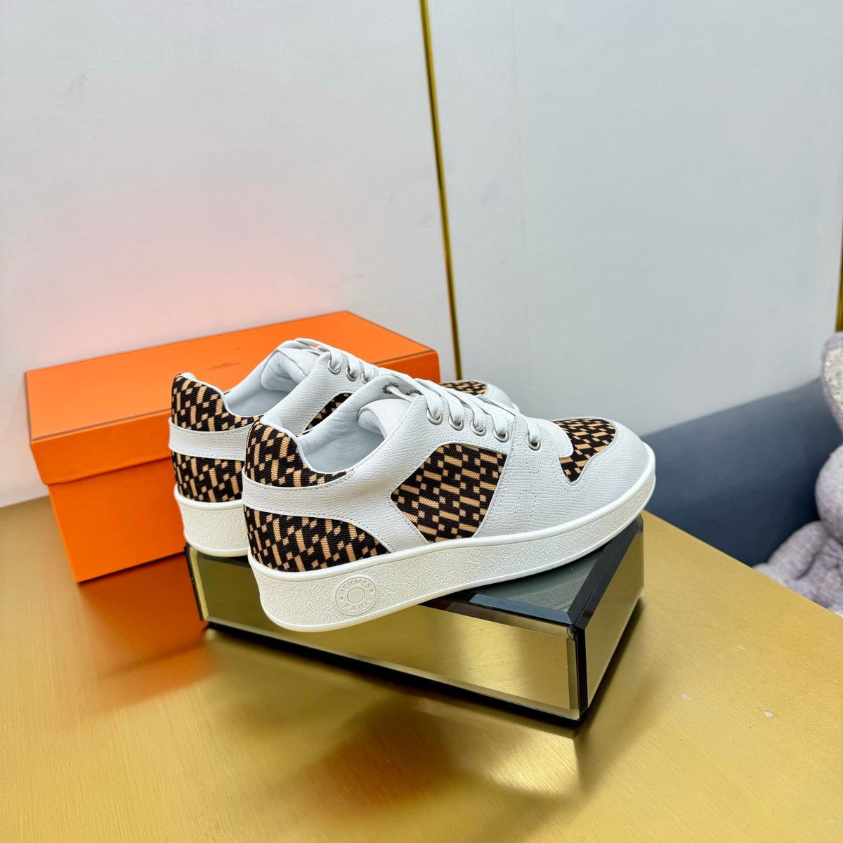 Hermes Free Sneaker in White Calfskin and "H En Biais" Brown Canvas