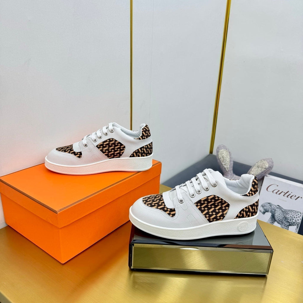 Hermes Free Sneaker in White Calfskin and "H En Biais" Brown Canvas