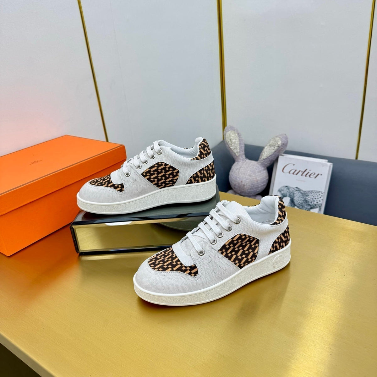 Hermes Free Sneaker in White Calfskin and "H En Biais" Brown Canvas