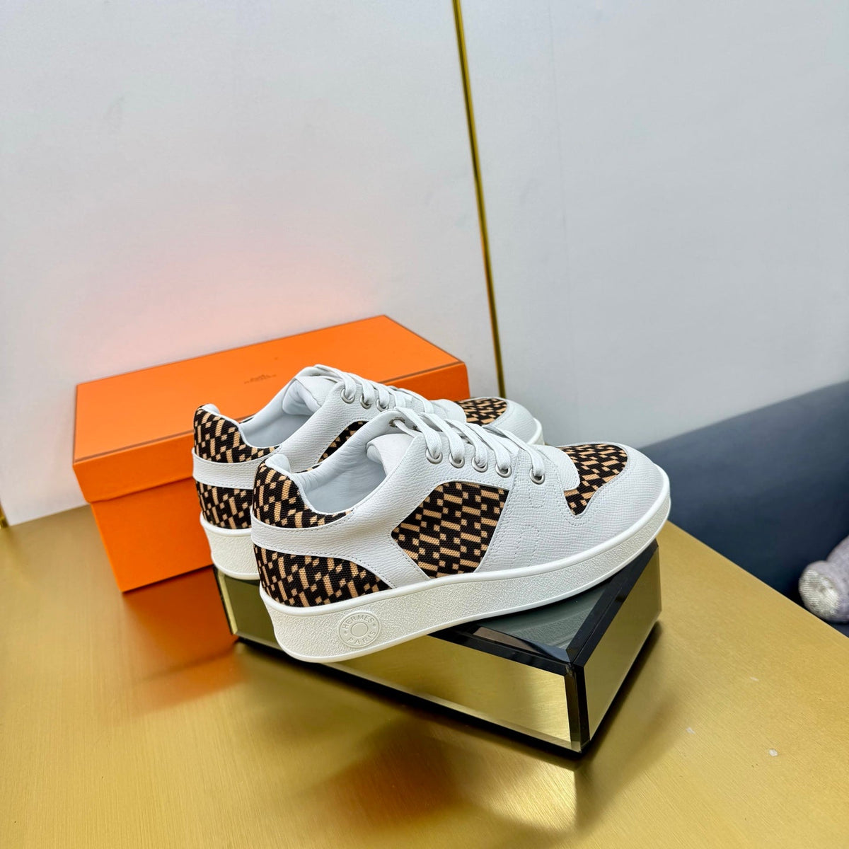 Hermes Free Sneaker in White Calfskin and "H En Biais" Brown Canvas