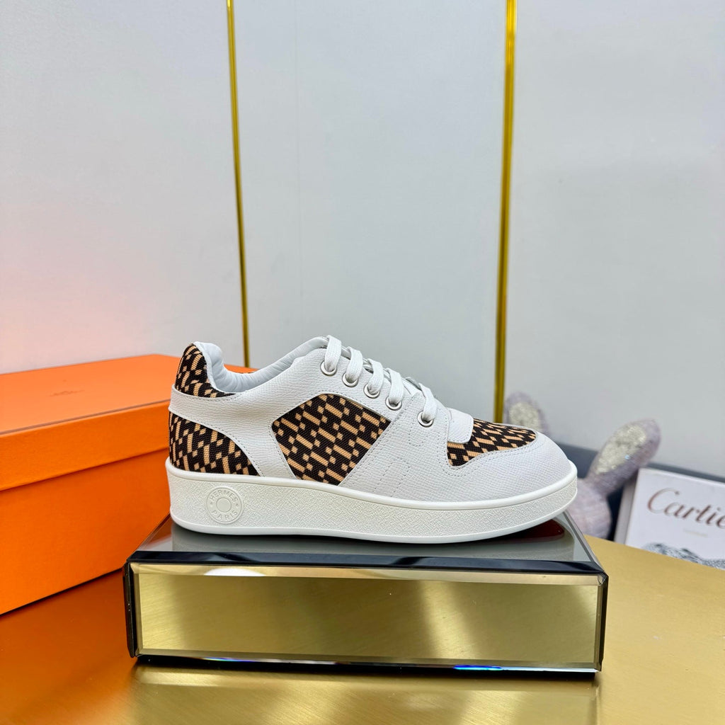 Hermes Free Sneaker in White Calfskin and "H En Biais" Brown Canvas