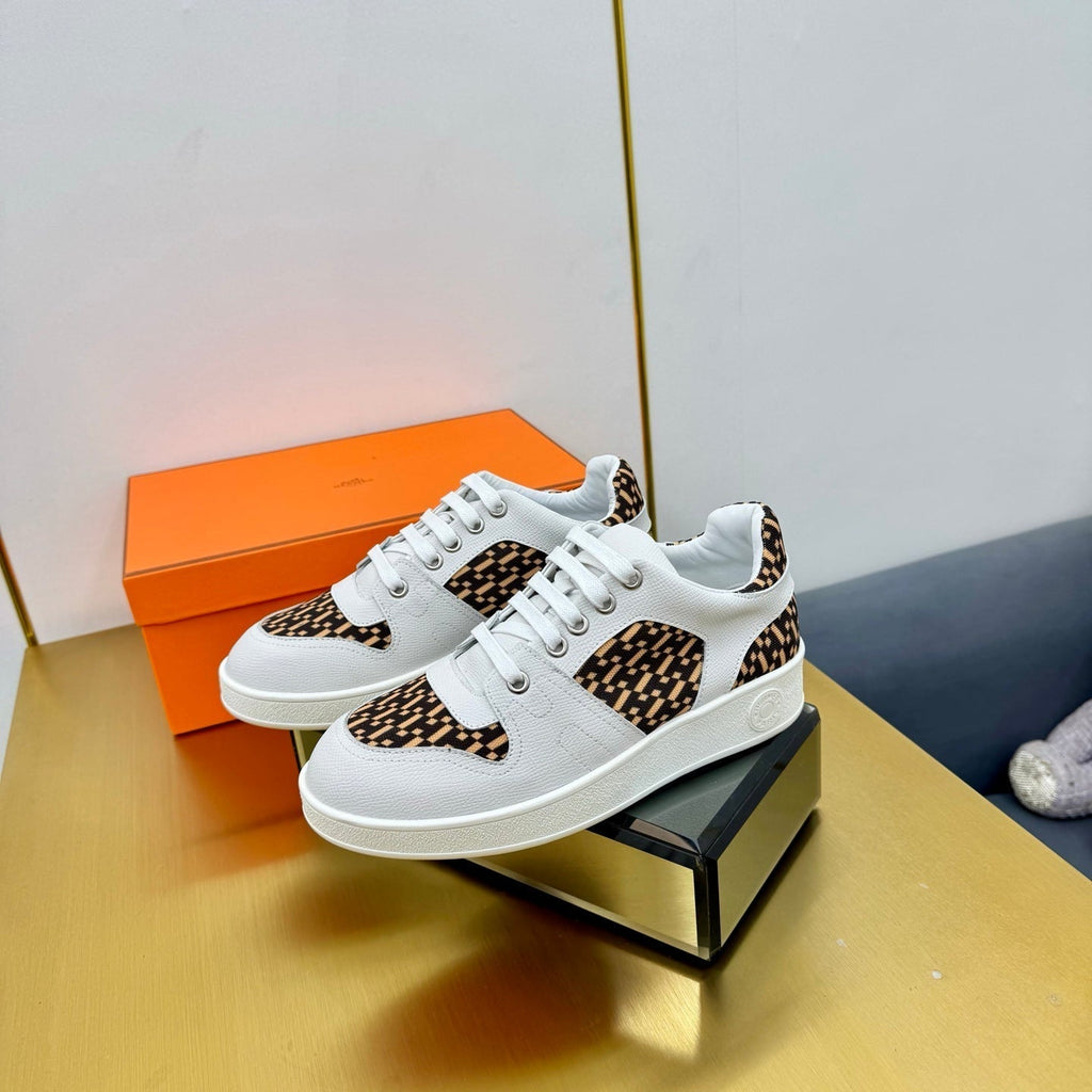 Hermes Free Sneaker in White Calfskin and "H En Biais" Brown Canvas