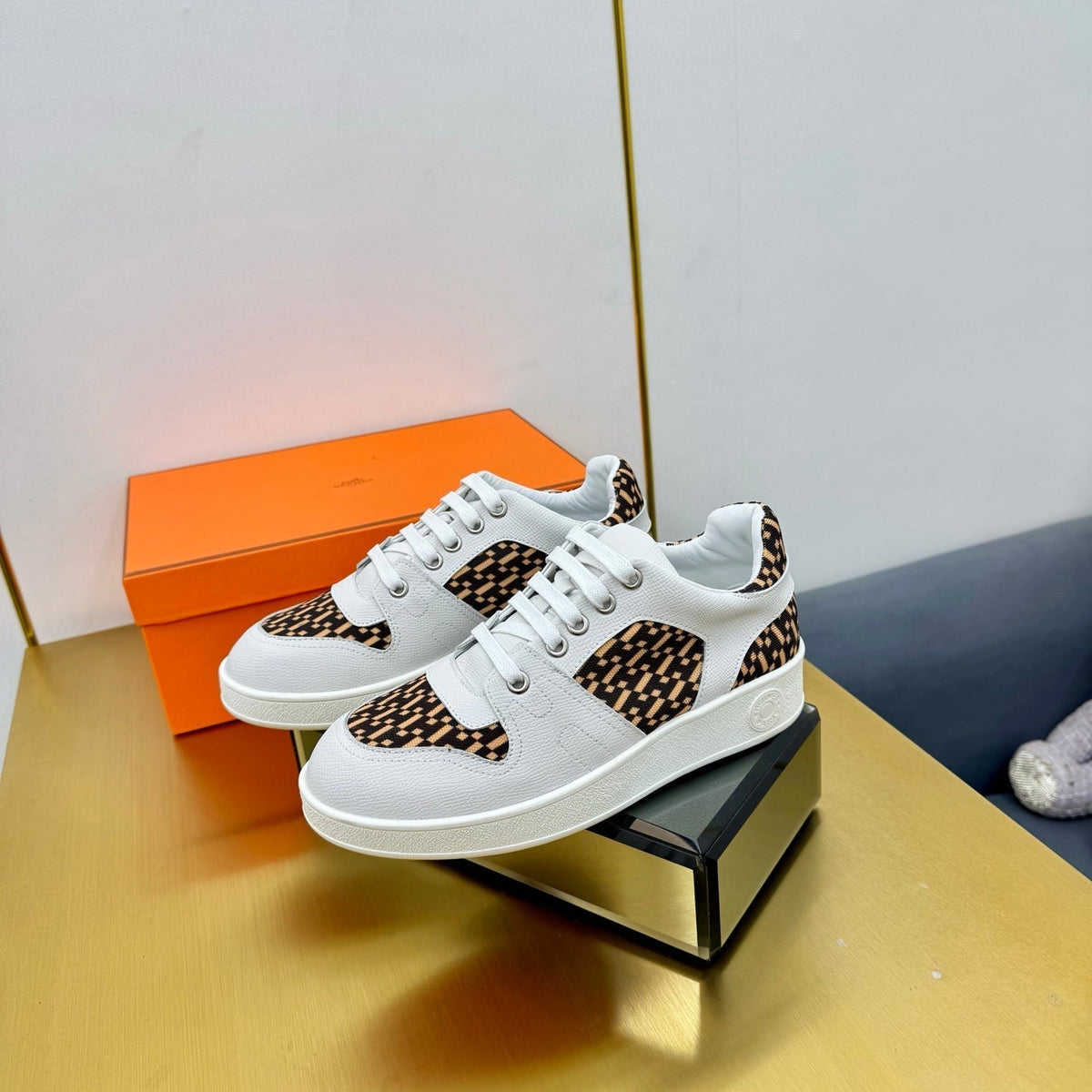 Hermes Free Sneaker in White Calfskin and "H En Biais" Brown Canvas