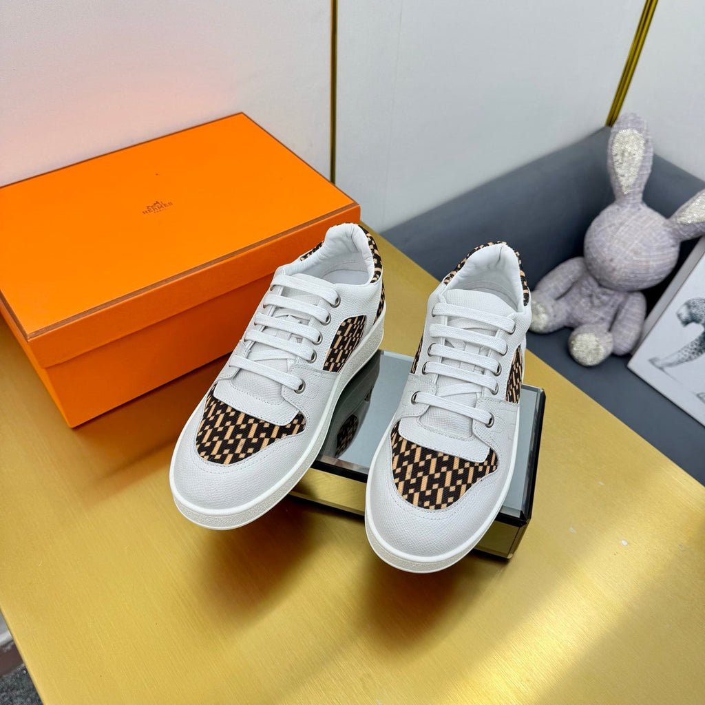 Hermes Free Sneaker in White Calfskin and "H En Biais" Brown Canvas