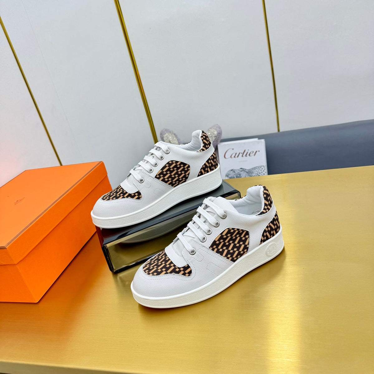 Hermes Free Sneaker in White Calfskin and "H En Biais" Brown Canvas