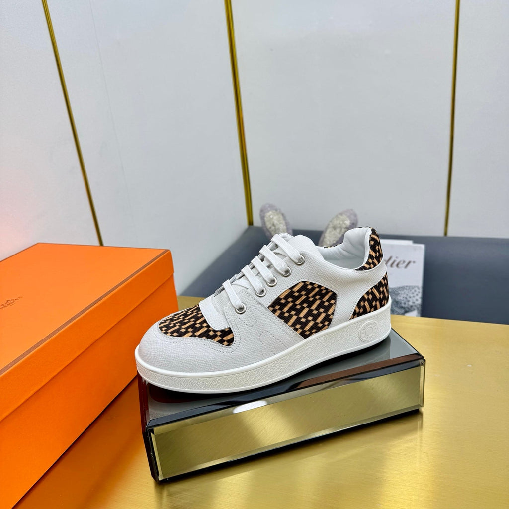 Hermes Free Sneaker in White Calfskin and "H En Biais" Brown Canvas