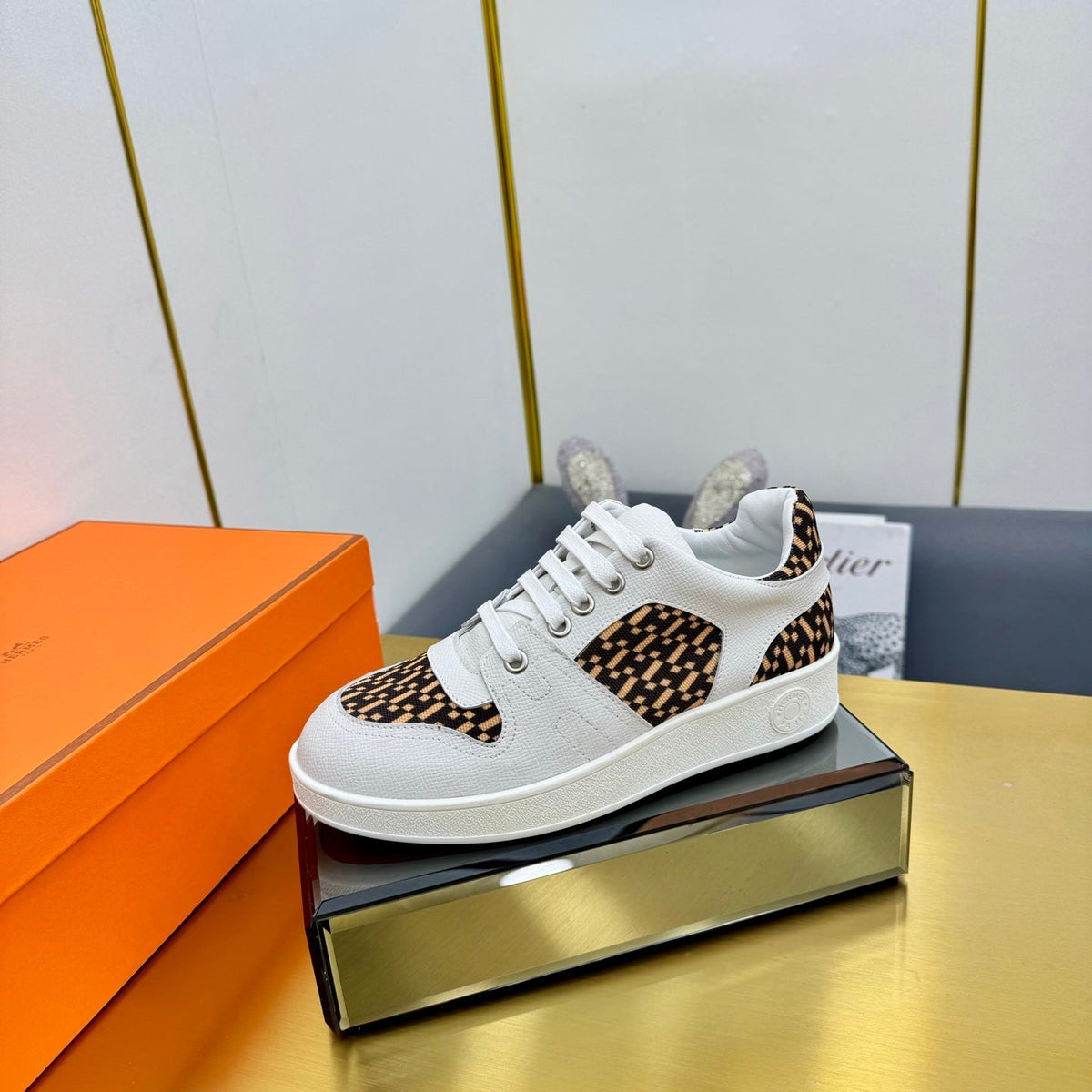 Hermes Free Sneaker in White Calfskin and "H En Biais" Brown Canvas