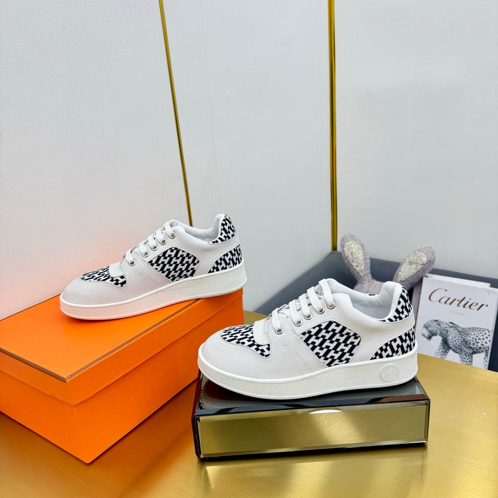 Hermes Free Sneaker in White Calfskin and "H En Biais" Black Canvas