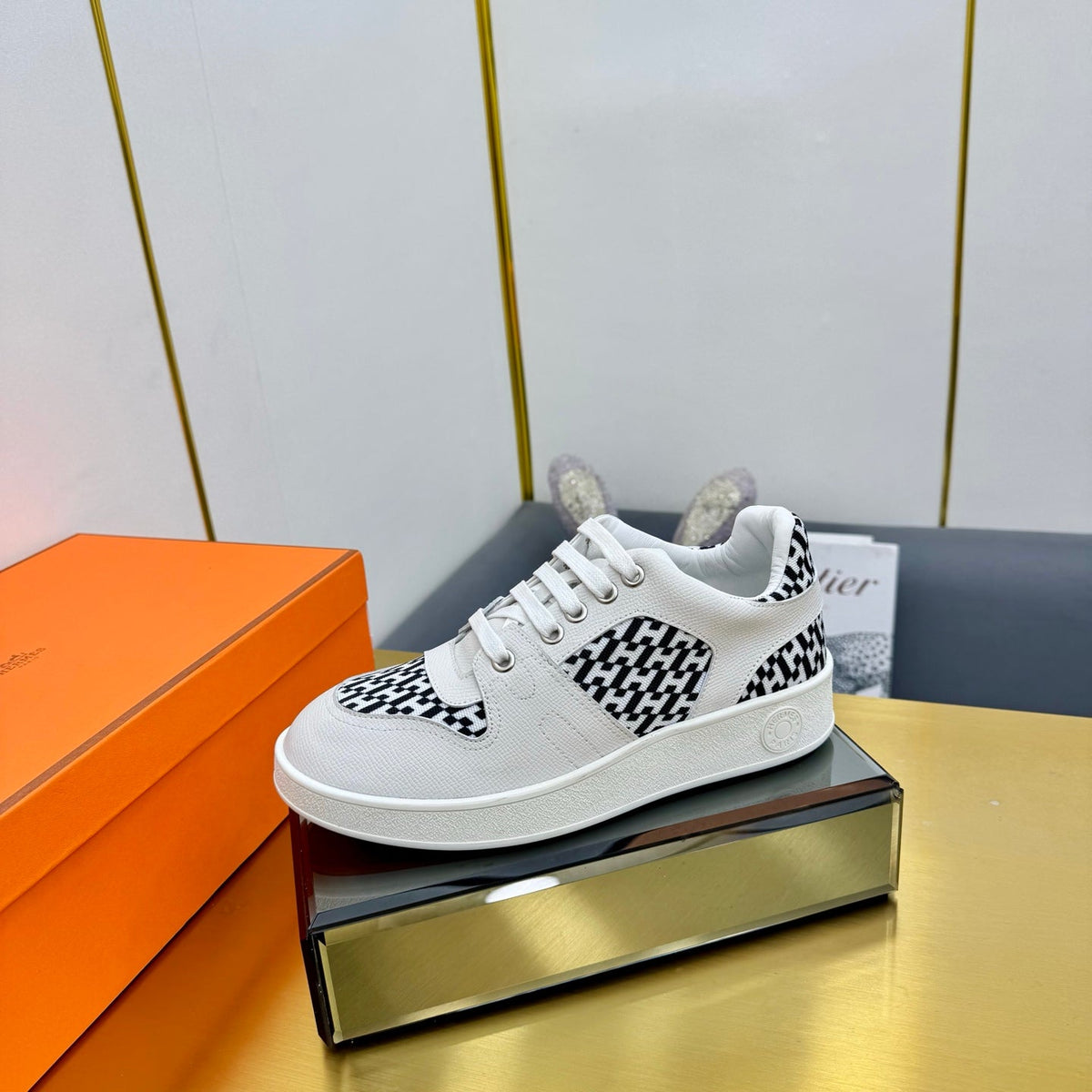 Hermes Free Sneaker in White Calfskin and "H En Biais" Black Canvas