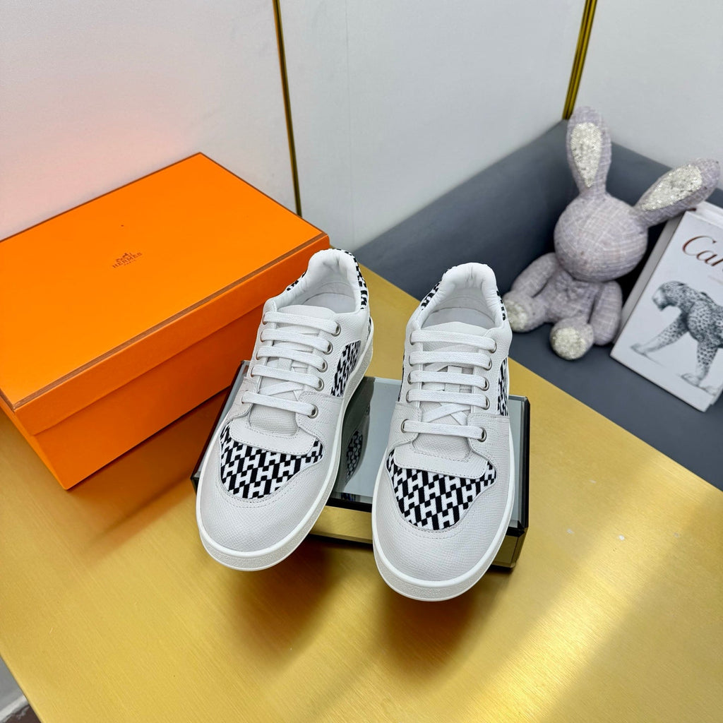 Hermes Free Sneaker in White Calfskin and "H En Biais" Black Canvas