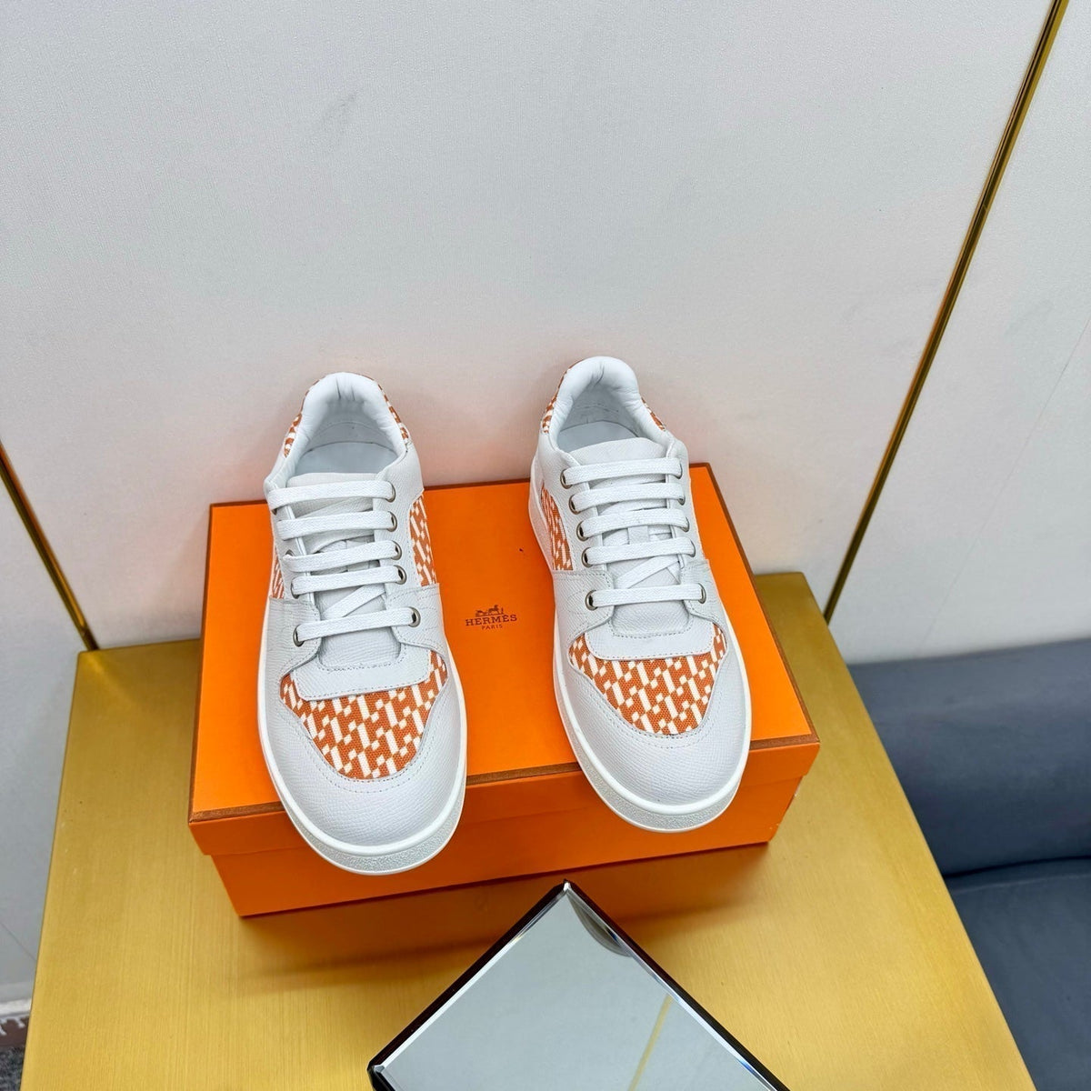 Hermes Free Sneaker in White Calfskin and "H En Biais" Orange Canvas