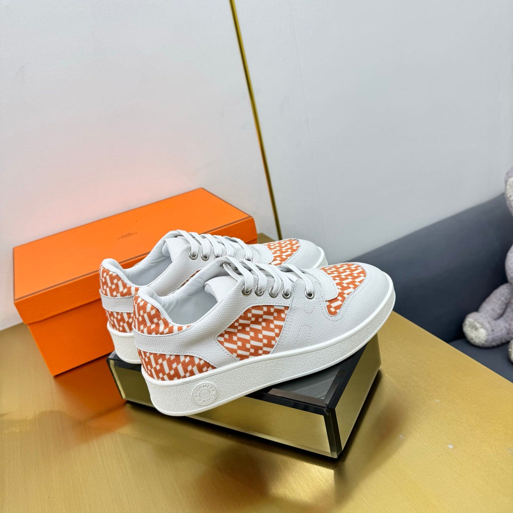 Hermes Free Sneaker in White Calfskin and "H En Biais" Orange Canvas