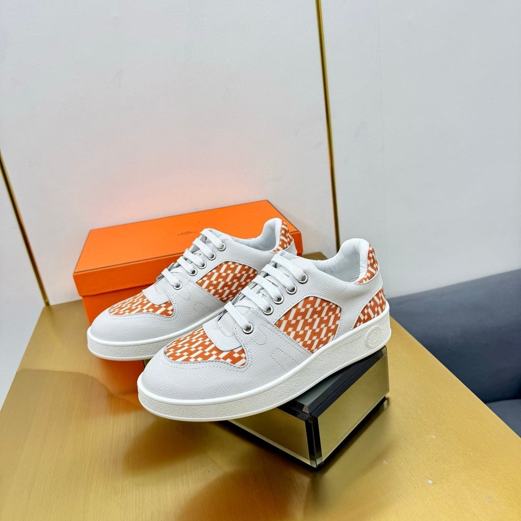 Hermes Free Sneaker in White Calfskin and "H En Biais" Orange Canvas