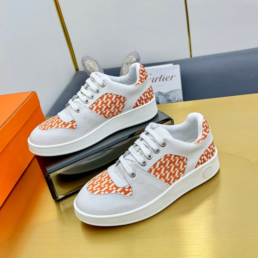 Hermes Free Sneaker in White Calfskin and "H En Biais" Orange Canvas