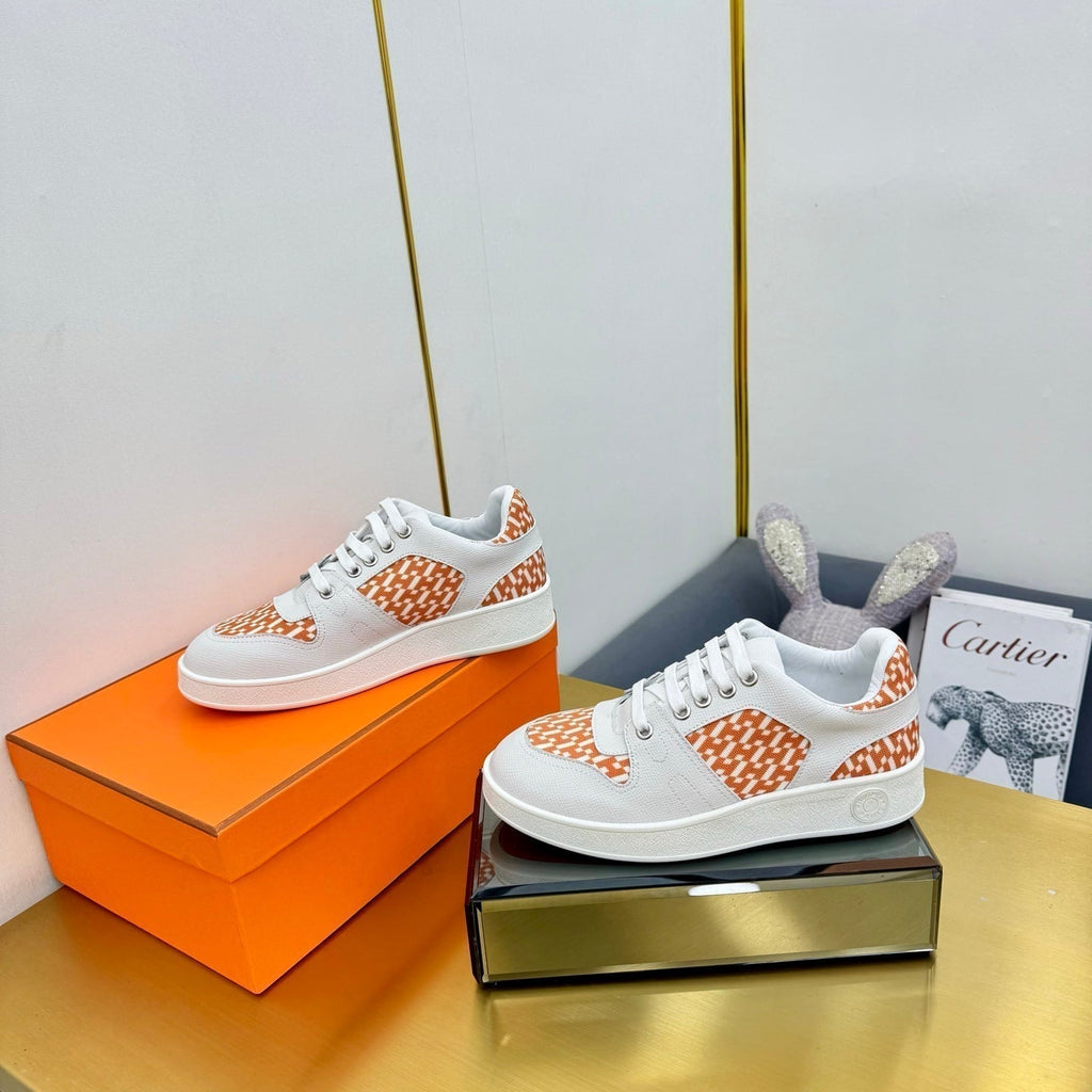 Hermes Free Sneaker in White Calfskin and "H En Biais" Orange Canvas