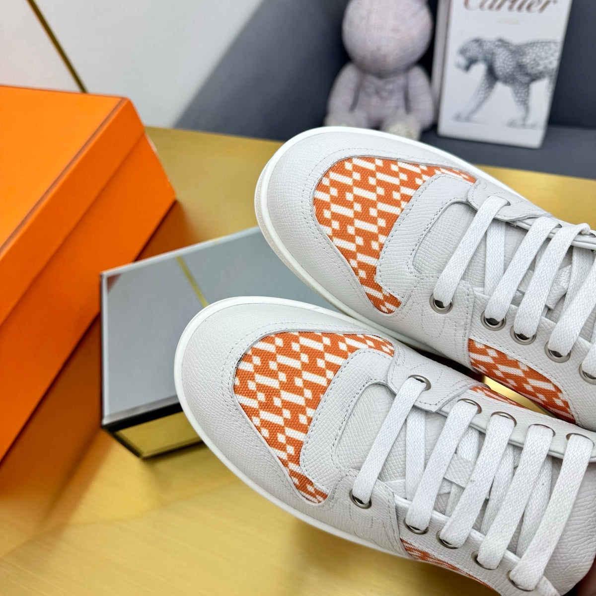 Hermes Free Sneaker in White Calfskin and "H En Biais" Orange Canvas