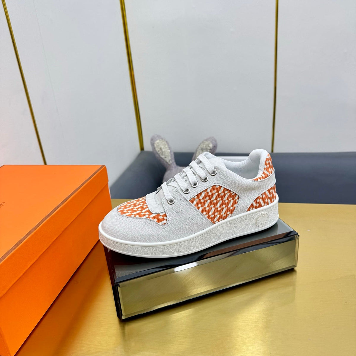 Hermes Free Sneaker in White Calfskin and "H En Biais" Orange Canvas
