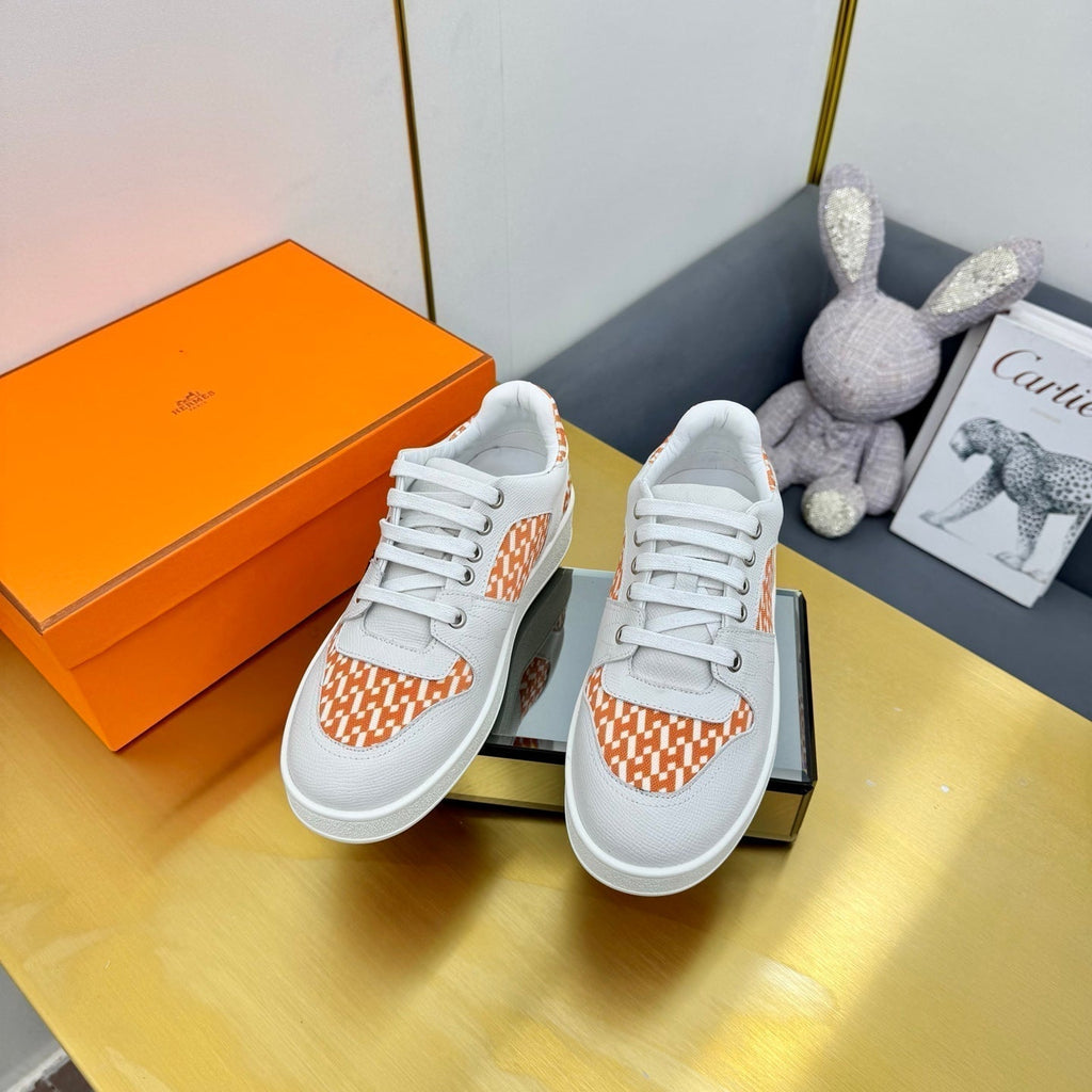 Hermes Free Sneaker in White Calfskin and "H En Biais" Orange Canvas
