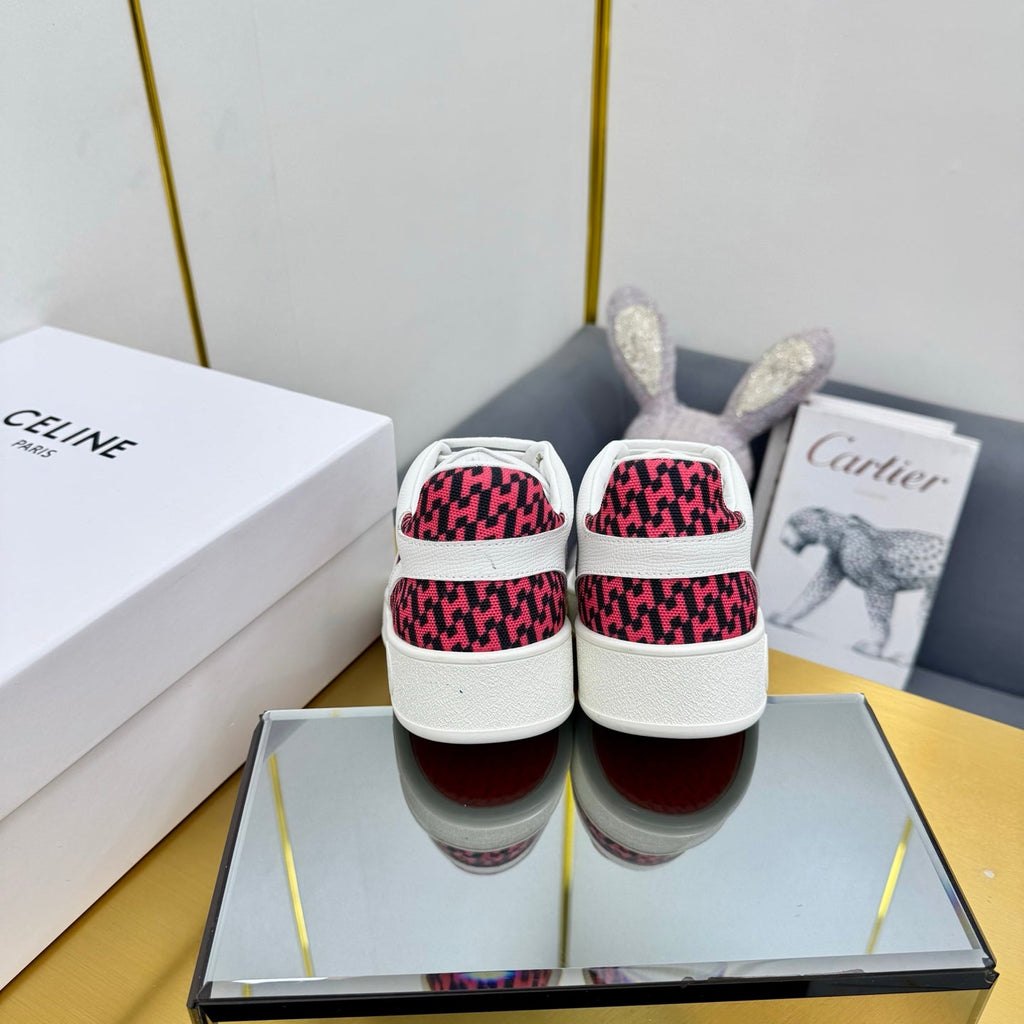 Hermes Free Sneaker in White Calfskin and "H En Biais" Red Canvas