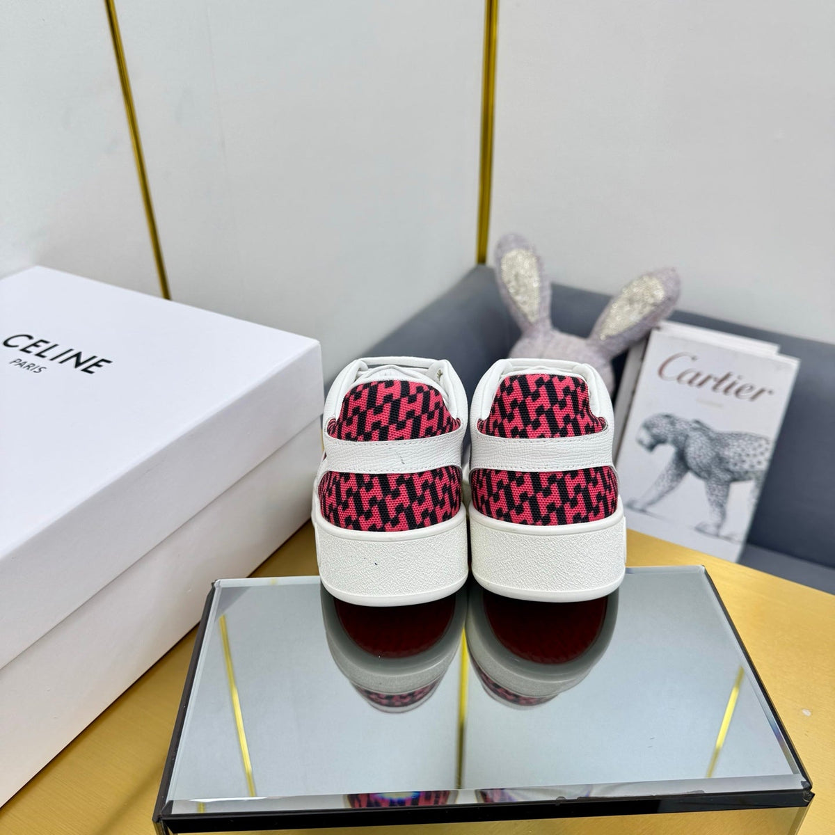 Hermes Free Sneaker in White Calfskin and "H En Biais" Red Canvas