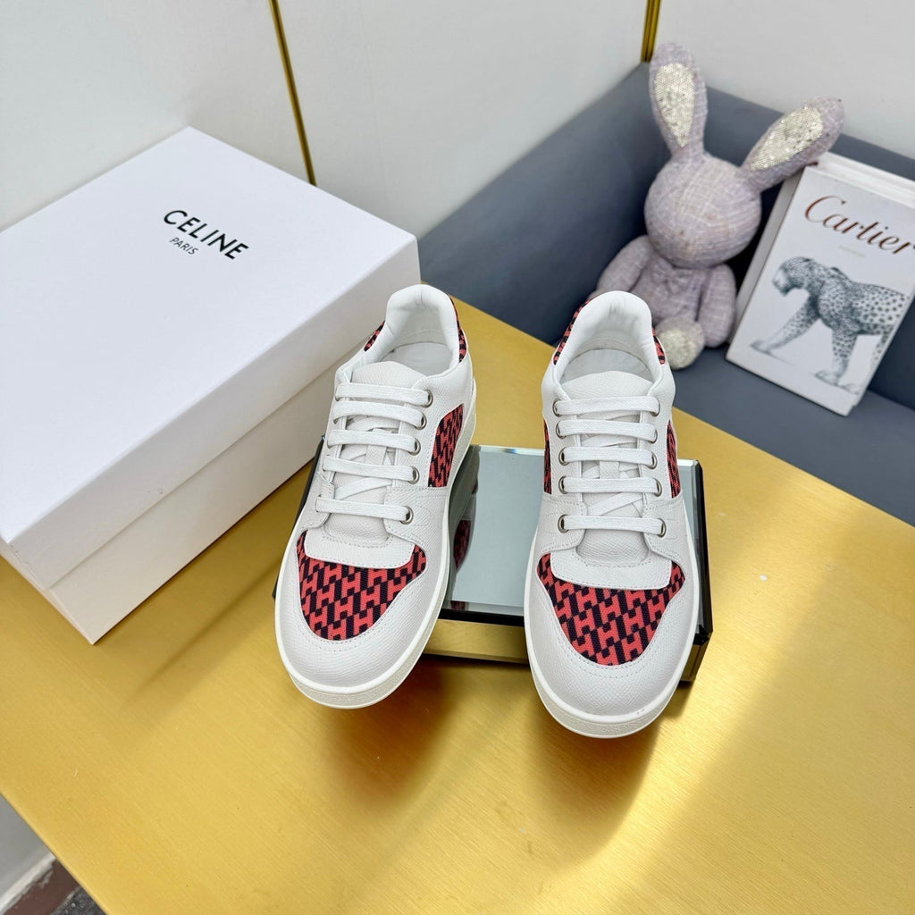 Hermes Free Sneaker in White Calfskin and "H En Biais" Red Canvas