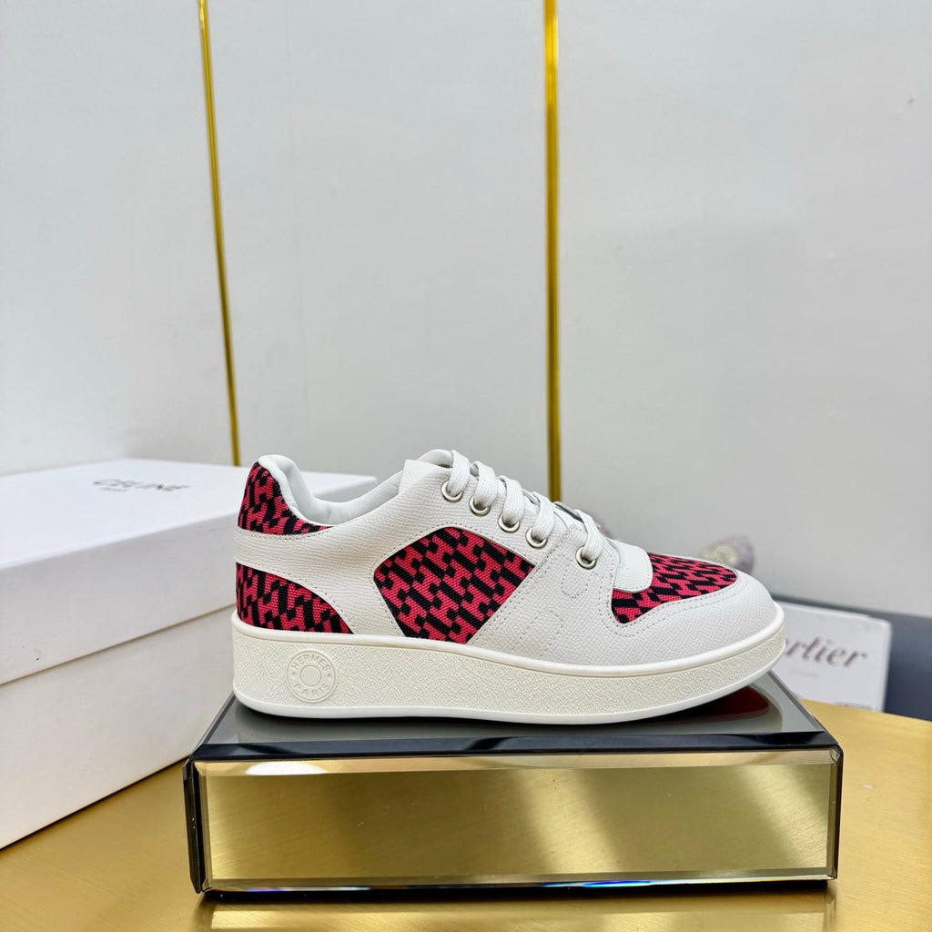 Hermes Free Sneaker in White Calfskin and "H En Biais" Red Canvas