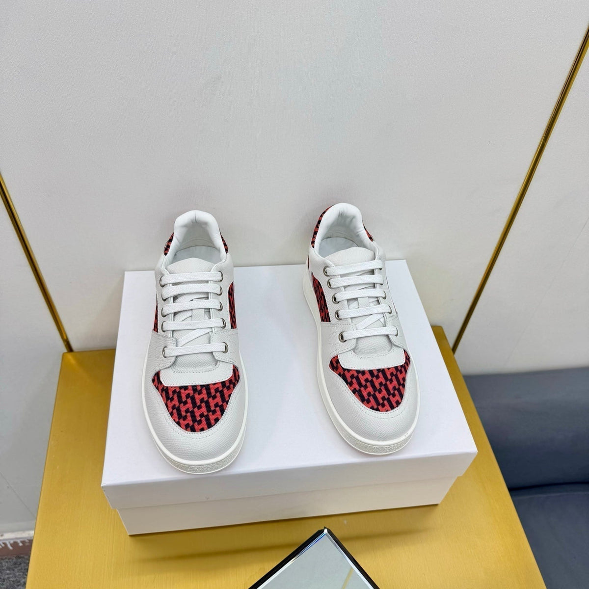 Hermes Free Sneaker in White Calfskin and "H En Biais" Red Canvas