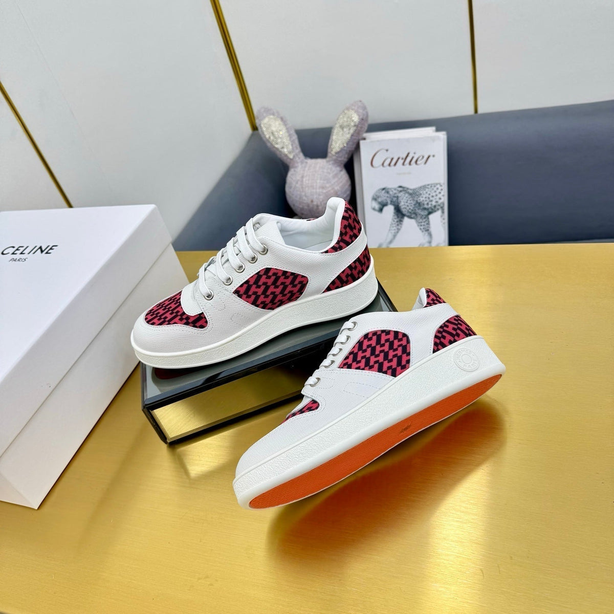 Hermes Free Sneaker in White Calfskin and "H En Biais" Red Canvas