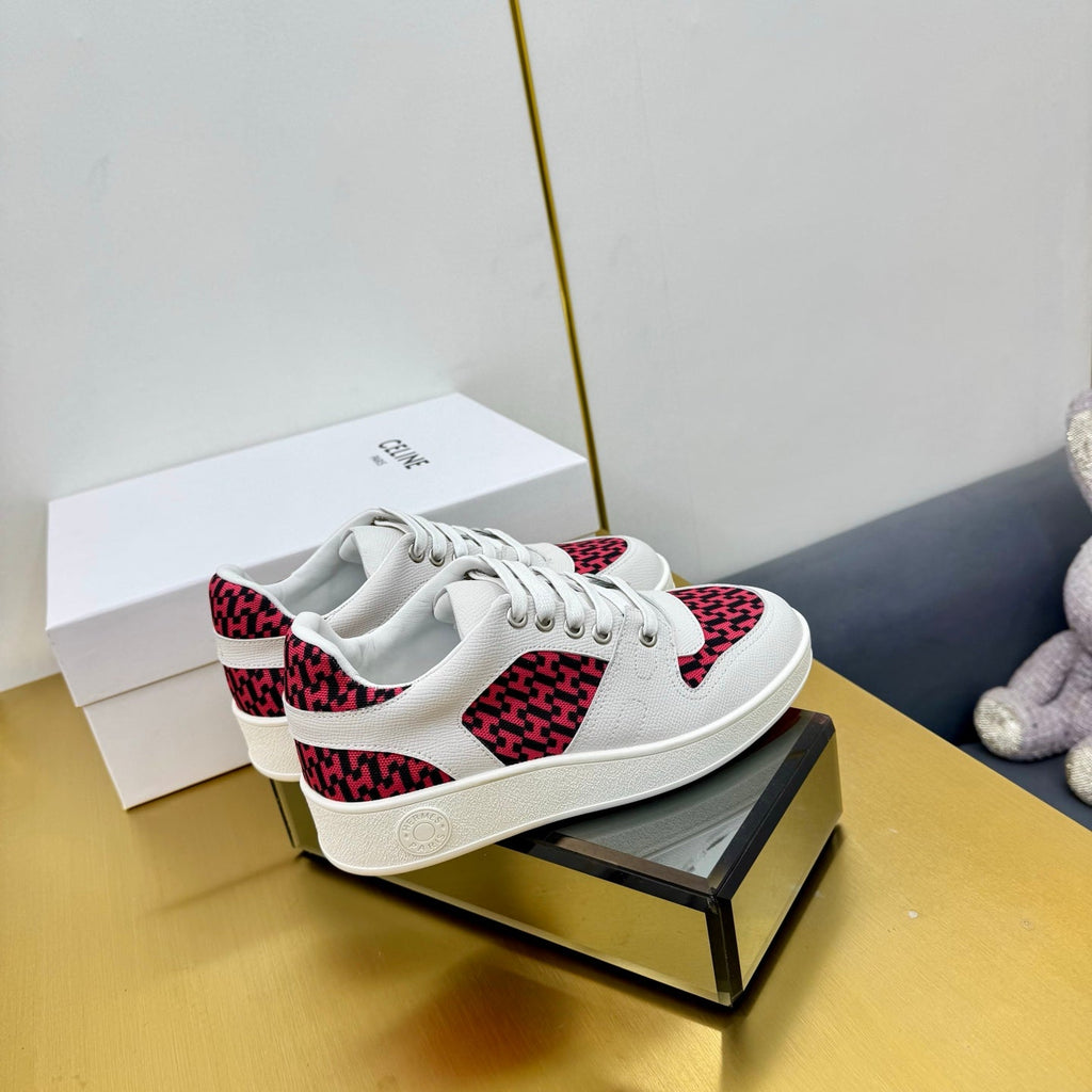 Hermes Free Sneaker in White Calfskin and "H En Biais" Red Canvas