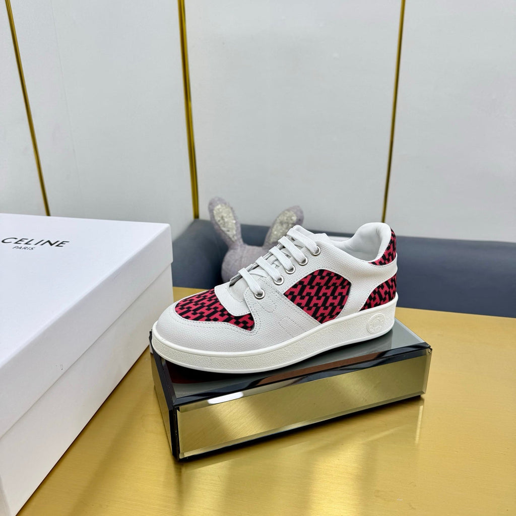 Hermes Free Sneaker in White Calfskin and "H En Biais" Red Canvas