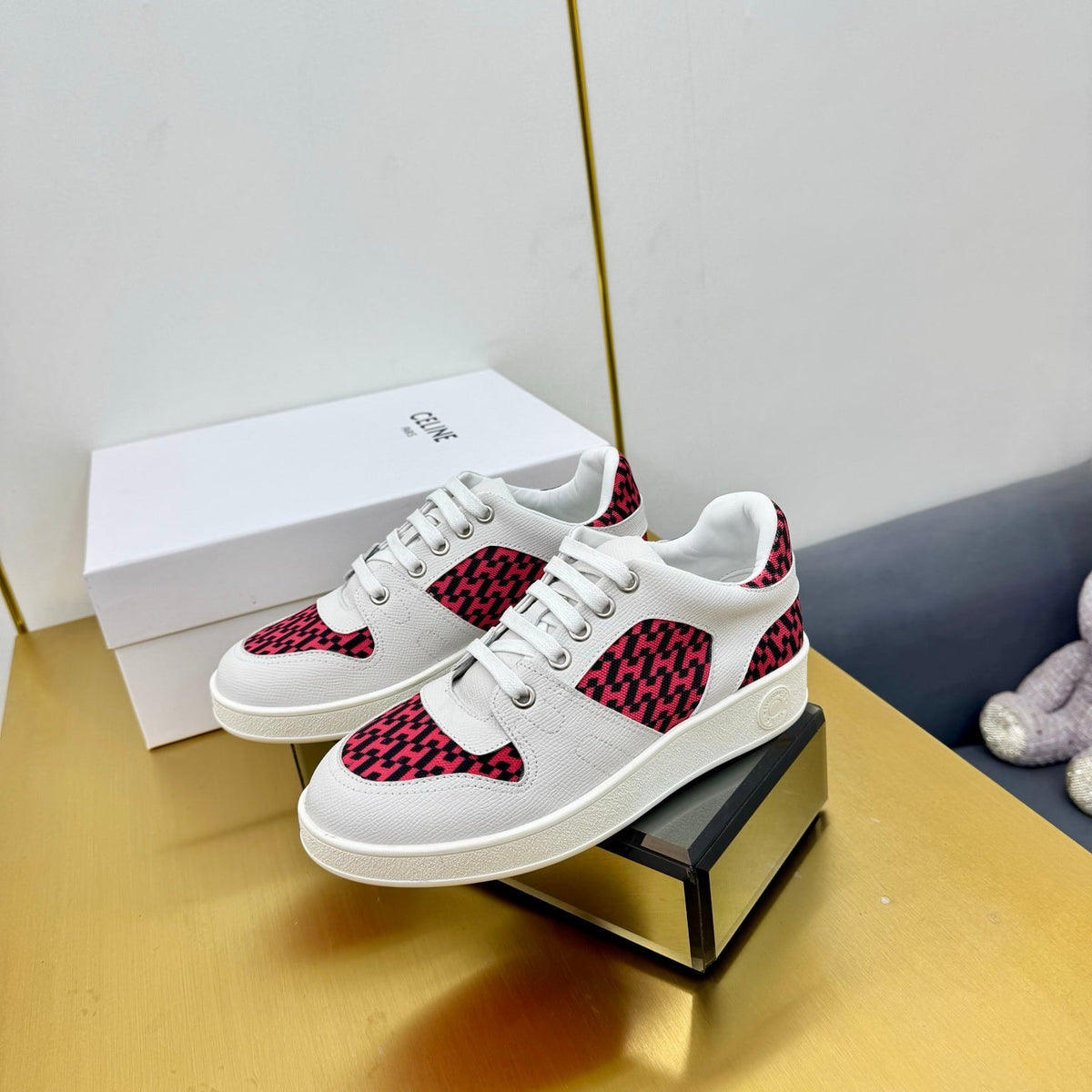 Hermes Free Sneaker in White Calfskin and "H En Biais" Red Canvas