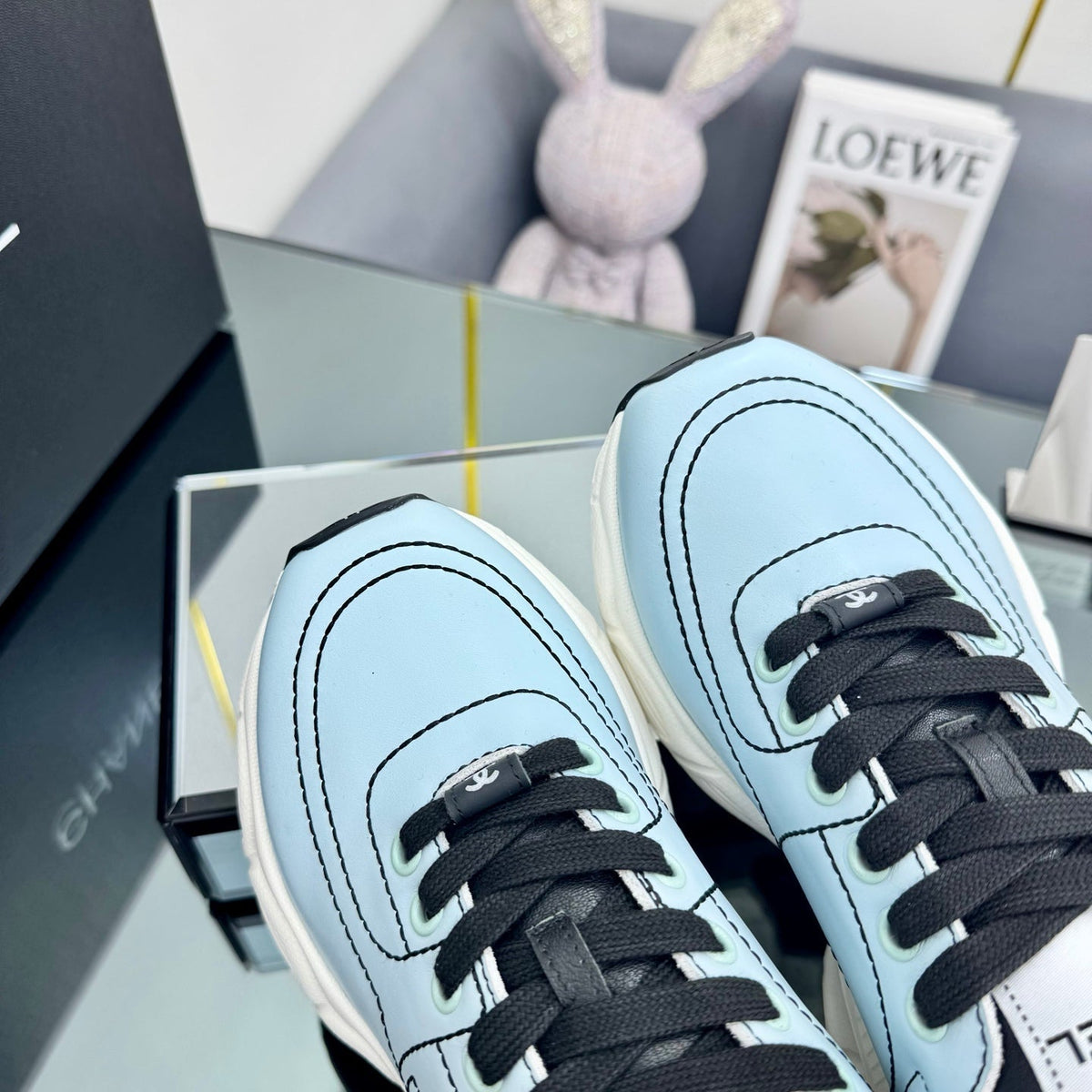 Chanel Trainers Sneaker in Light Blue Calfskin with Black Embroidered