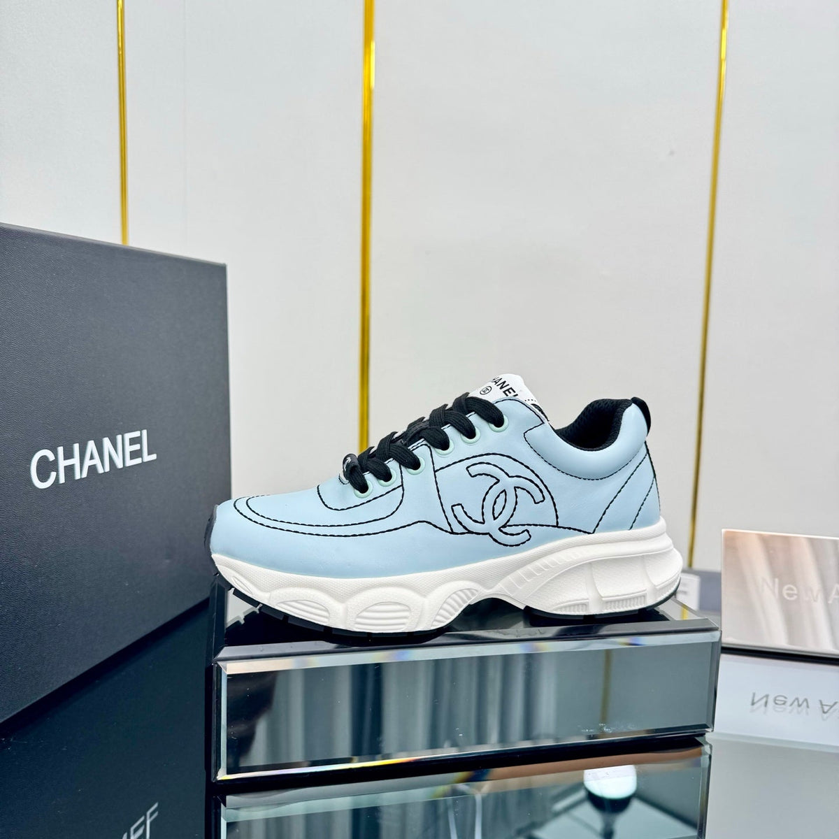Chanel Trainers Sneaker in Light Blue Calfskin with Black Embroidered