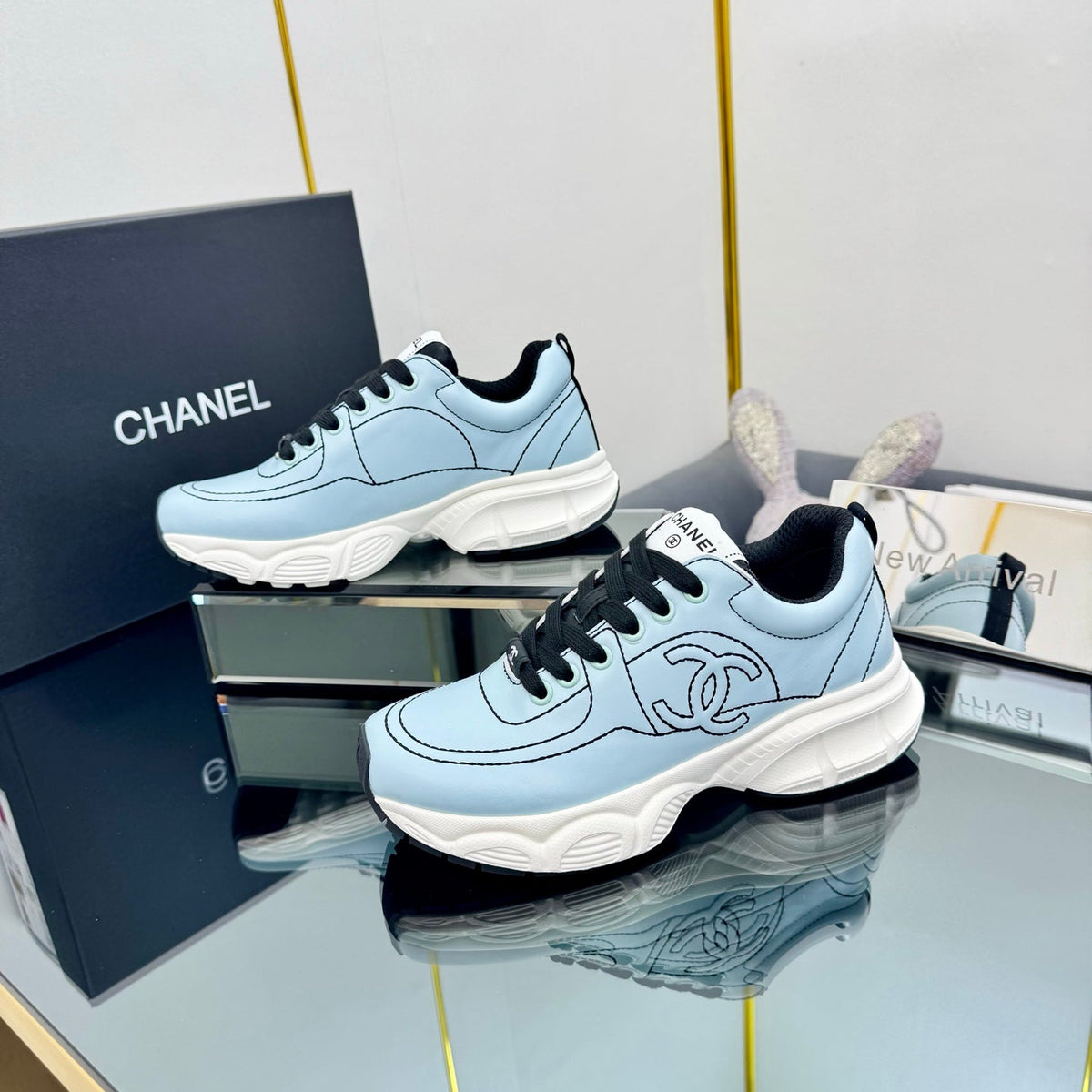 Chanel Trainers Sneaker in Light Blue Calfskin with Black Embroidered